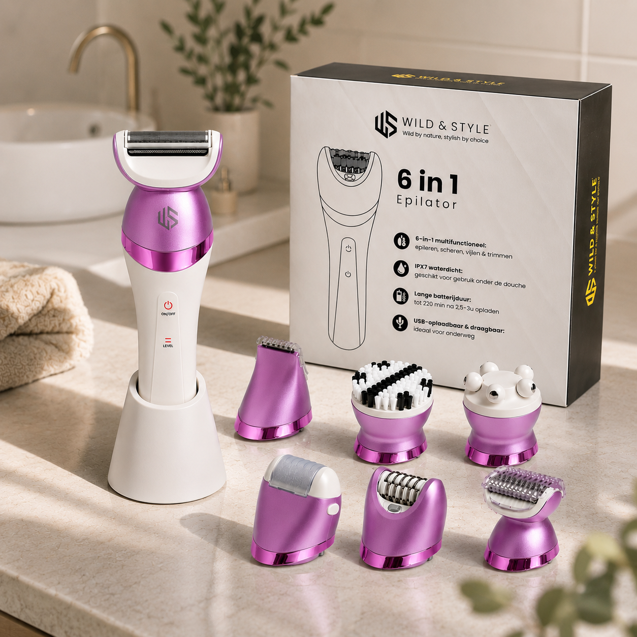Wild & Style 6-in-1 apparaat op badkamermeubel met verpakking